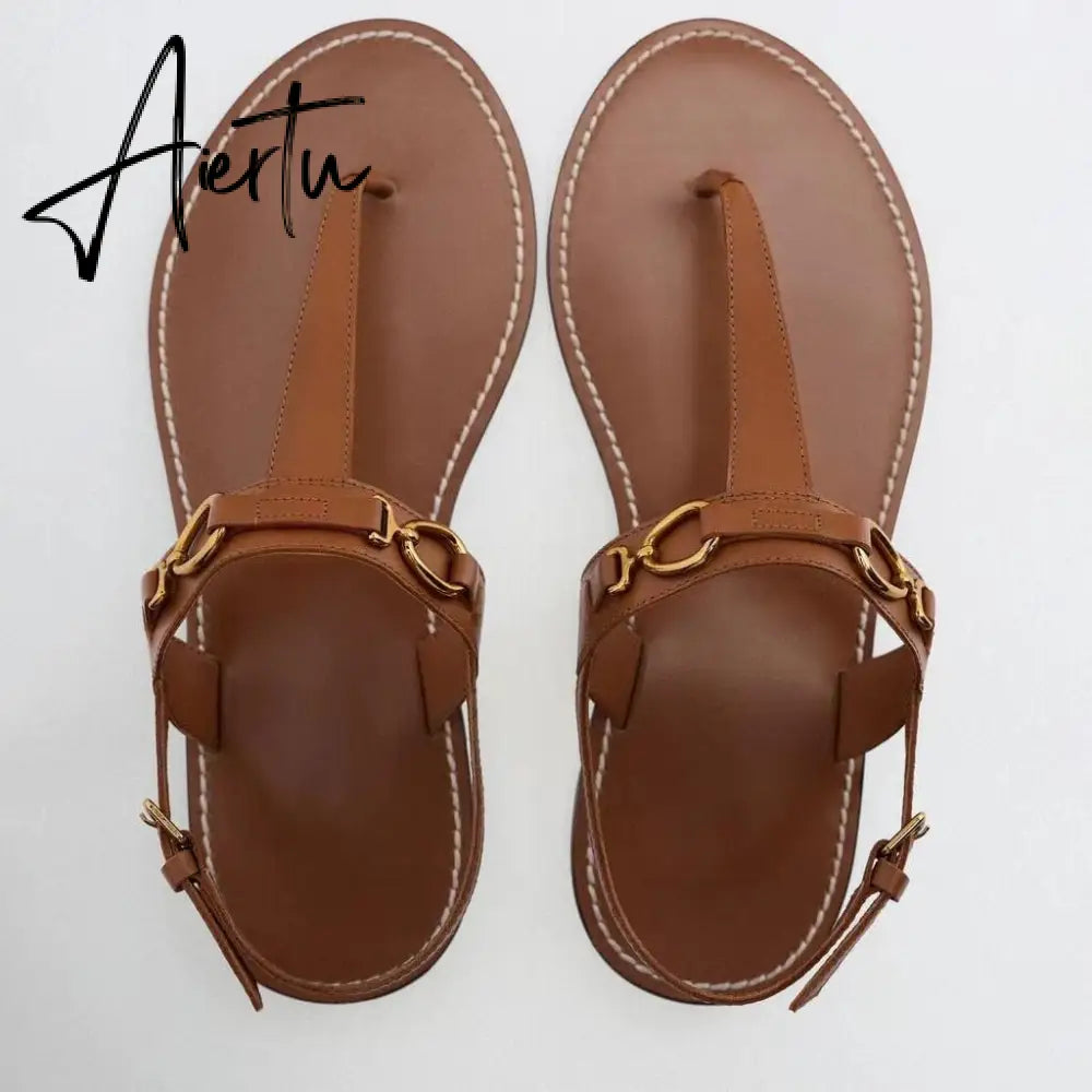 Aiertu Woman Brown T-strap Slipper Metal Button Round Toe Casual Flat Sandals Vintage Street Comfortable Flats Women Summer Aiertu