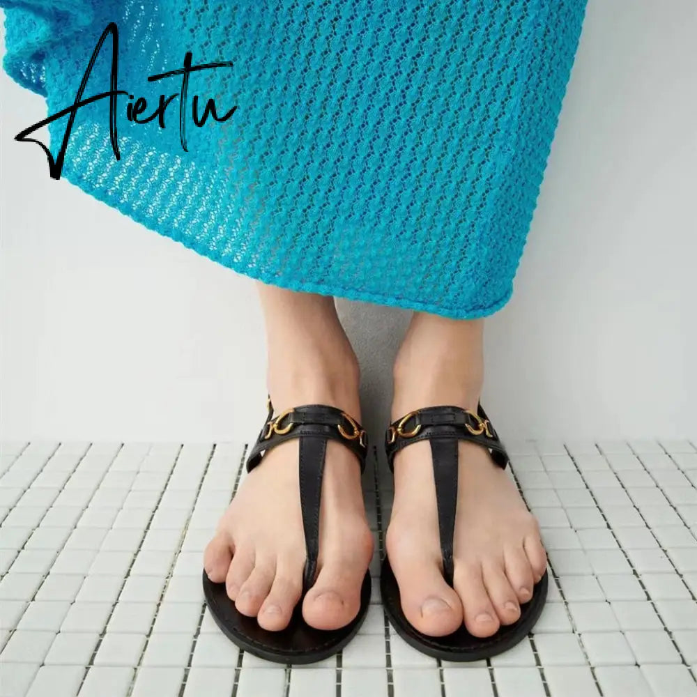 Aiertu Woman Brown T-strap Slipper Metal Button Round Toe Casual Flat Sandals Vintage Street Comfortable Flats Women Summer Aiertu