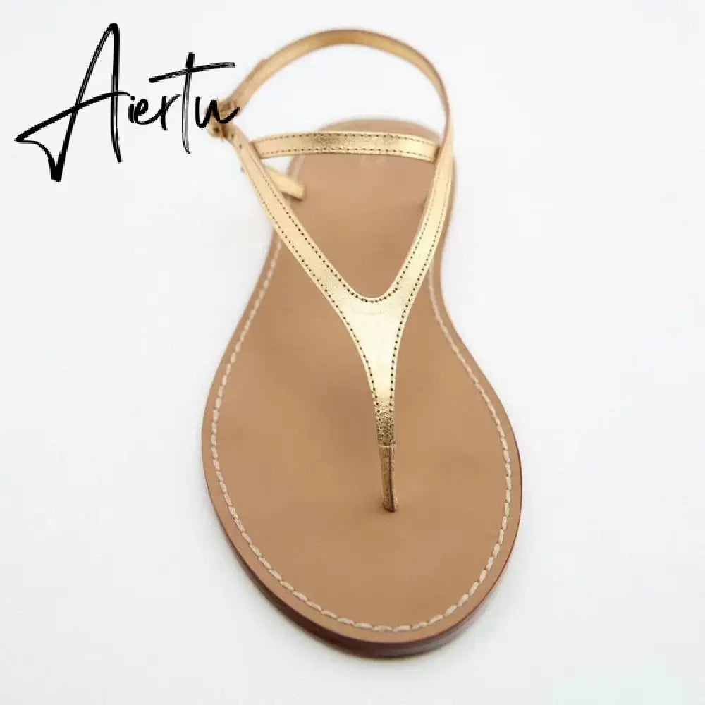Aiertu Woman Brown T-strap Slipper Metal Button Round Toe Casual Flat Sandals Vintage Street Comfortable Flats Women Summer Aiertu