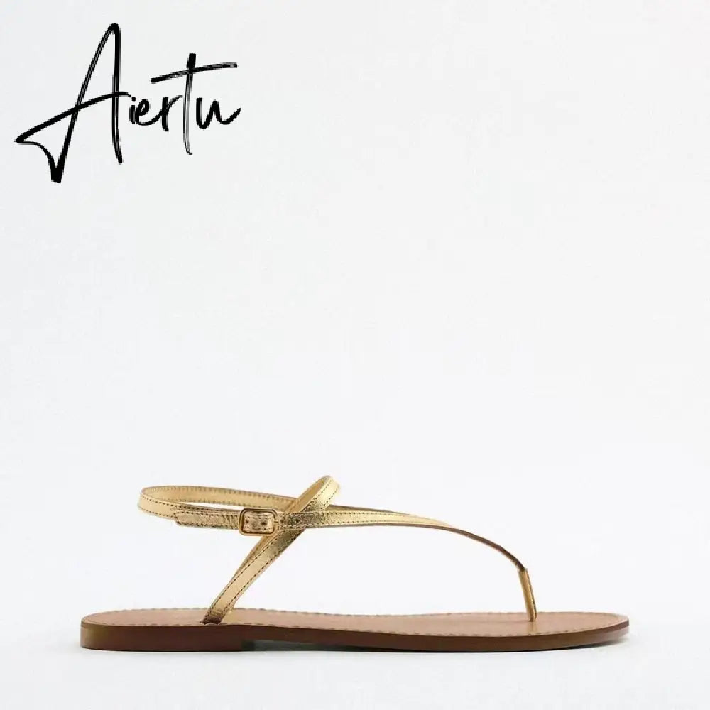 Aiertu Woman Brown T-strap Slipper Metal Button Round Toe Casual Flat Sandals Vintage Street Comfortable Flats Women Summer Aiertu