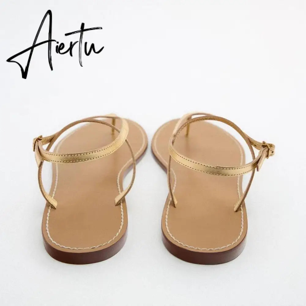 Aiertu Woman Brown T-strap Slipper Metal Button Round Toe Casual Flat Sandals Vintage Street Comfortable Flats Women Summer Aiertu