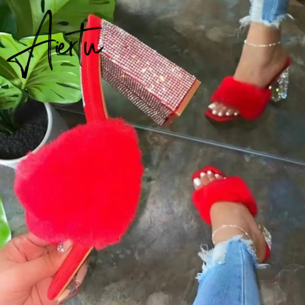 Aiertu Woman Fur Sandals Ladies INS Plush High Thick Heels Fashion Sexy Bling Women Summer Shoes Plus Size  Lady Open Toe Footwear Pump Aiertu