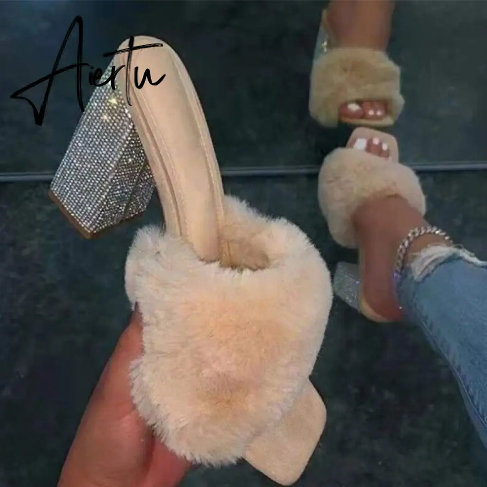 Aiertu Woman Fur Sandals Ladies INS Plush High Thick Heels Fashion Sexy Bling Women Summer Shoes Plus Size  Lady Open Toe Footwear Pump Aiertu