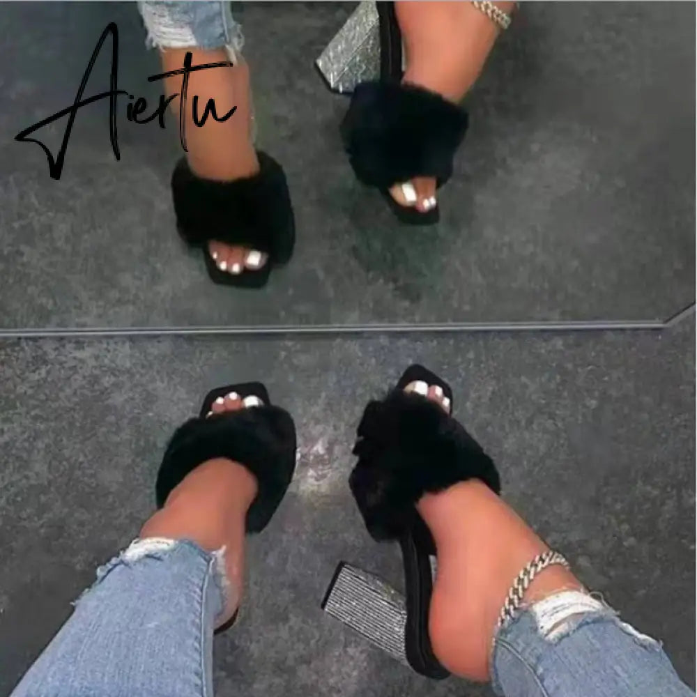 Aiertu Woman Fur Sandals Ladies INS Plush High Thick Heels Fashion Sexy Bling Women Summer Shoes Plus Size  Lady Open Toe Footwear Pump Aiertu