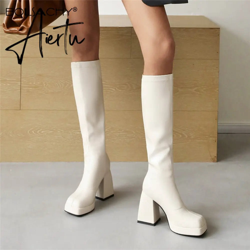 Aiertu Woman Knee High Boots Classic White Square Toe Platform High Heel Long Boots PU Leather Slip-on Boots Black Party Dress Shoes Aiertu