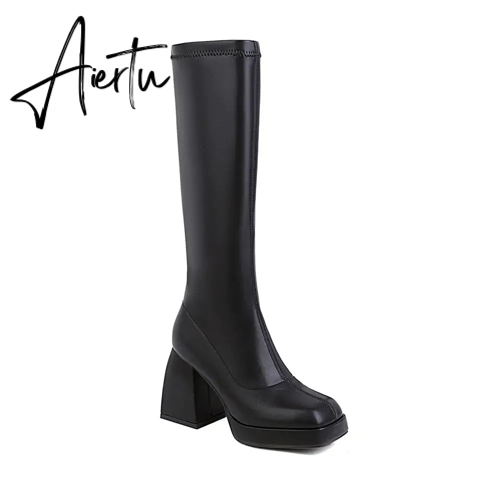 Aiertu Woman Knee High Boots Classic White Square Toe Platform High Heel Long Boots PU Leather Slip-on Boots Black Party Dress Shoes Aiertu