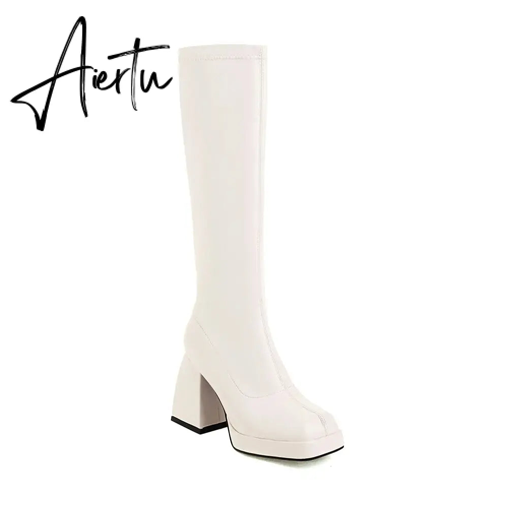 Aiertu Woman Knee High Boots Classic White Square Toe Platform High Heel Long Boots PU Leather Slip-on Boots Black Party Dress Shoes Aiertu