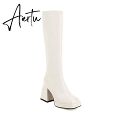 Aiertu Woman Knee High Boots Classic White Square Toe Platform High Heel Long Boots PU Leather Slip-on Boots Black Party Dress Shoes Aiertu