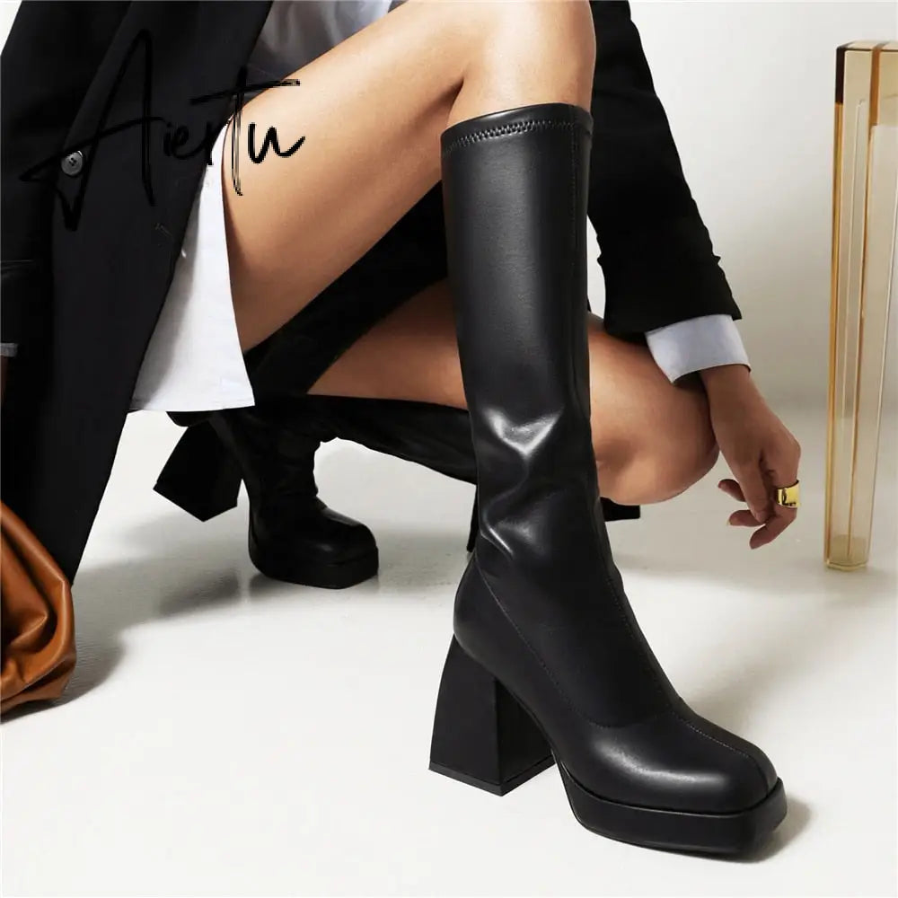 Aiertu Woman Knee High Boots Classic White Square Toe Platform High Heel Long Boots PU Leather Slip-on Boots Black Party Dress Shoes Aiertu