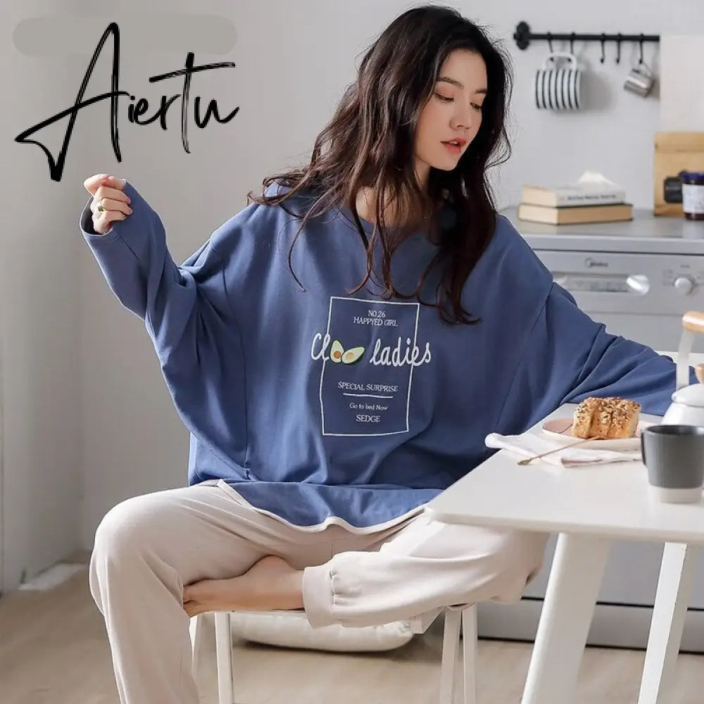 Aiertu Woman Pijama Set 100% Cotton Loose Style Pullover Leisure Homesuit Cotton Loungewear Oversized Sleepwear Avocado Printing Pajama Aiertu