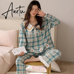 Aiertu Woman Pijama Set 100% Cotton Loose Style Pullover Leisure Homesuit Cotton Loungewear Oversized Sleepwear Avocado Printing Pajama Aiertu