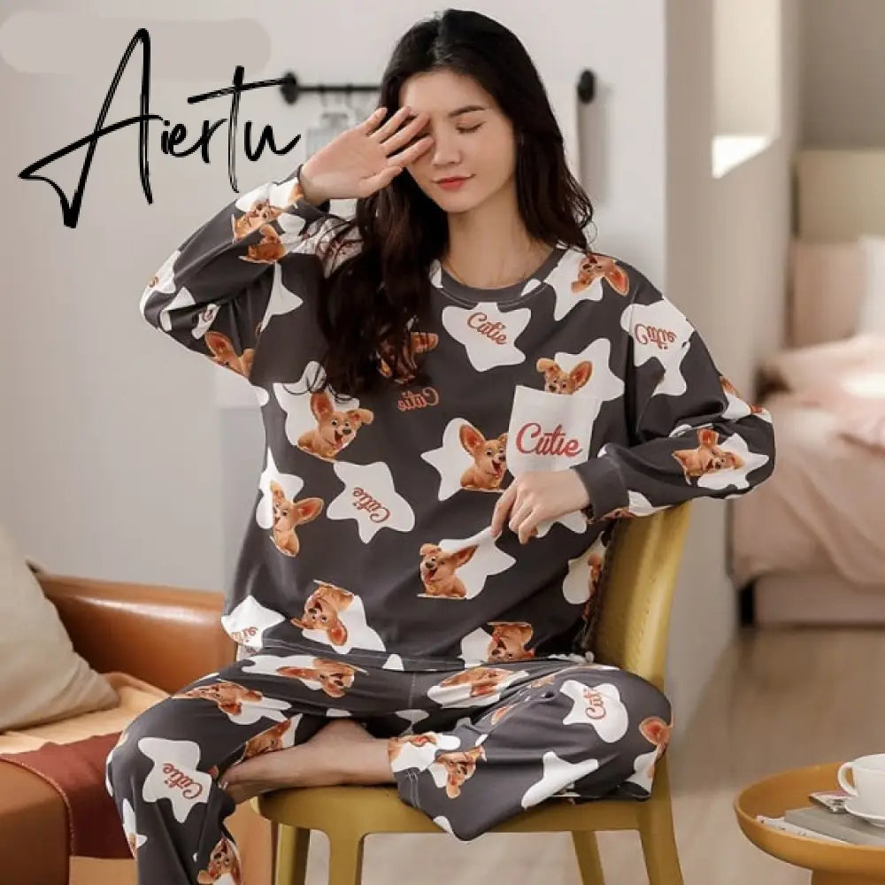 Aiertu Woman Pijama Set 100% Cotton Loose Style Pullover Leisure Homesuit Cotton Loungewear Oversized Sleepwear Avocado Printing Pajama Aiertu