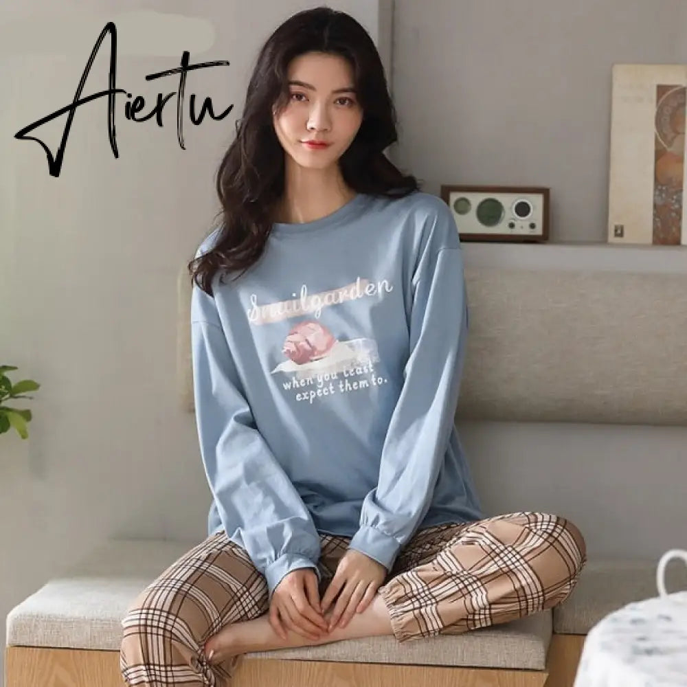 Aiertu Woman Pijama Set 100% Cotton Loose Style Pullover Leisure Homesuit Cotton Loungewear Oversized Sleepwear Avocado Printing Pajama Aiertu