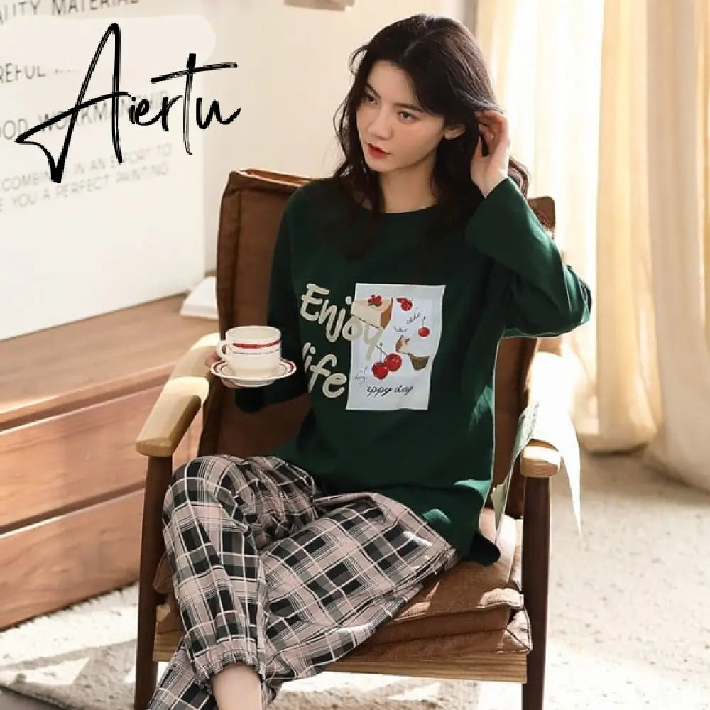 Aiertu Woman Pijama Set 100% Cotton Loose Style Pullover Leisure Homesuit Cotton Loungewear Oversized Sleepwear Avocado Printing Pajama Aiertu