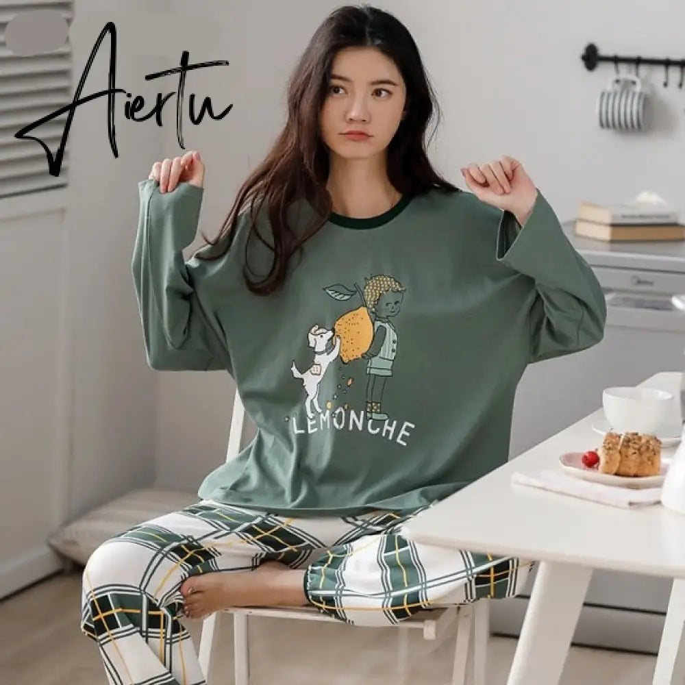 Aiertu Woman Pijama Set 100% Cotton Loose Style Pullover Leisure Homesuit Cotton Loungewear Oversized Sleepwear Avocado Printing Pajama Aiertu