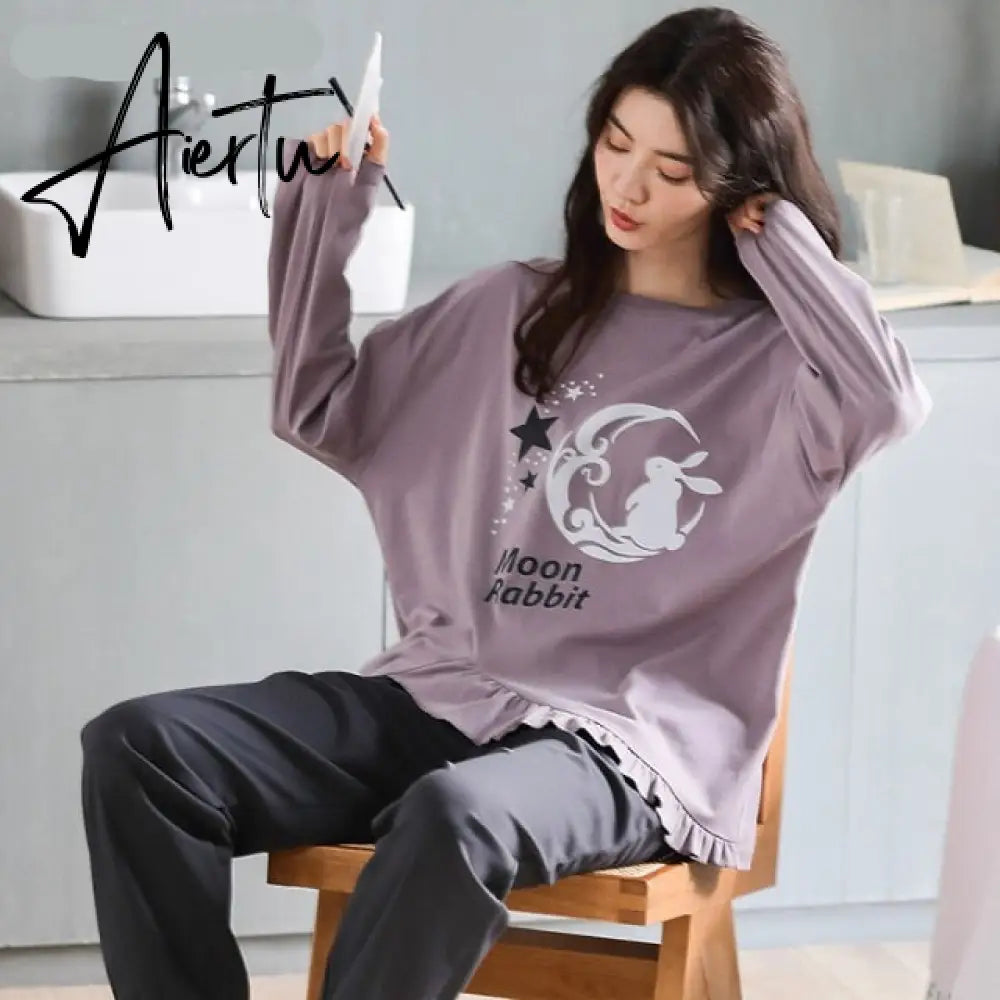 Aiertu Woman Pijama Set 100% Cotton Loose Style Pullover Leisure Homesuit Cotton Loungewear Oversized Sleepwear Avocado Printing Pajama Aiertu