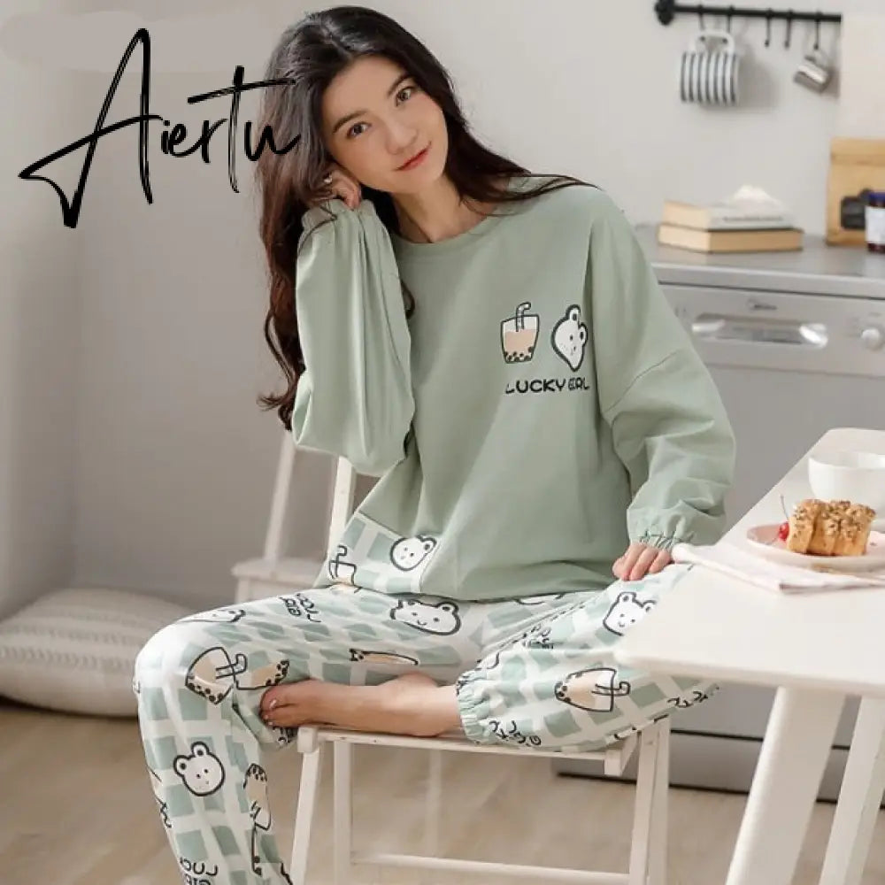 Aiertu Woman Pijama Set 100% Cotton Loose Style Pullover Leisure Homesuit Cotton Loungewear Oversized Sleepwear Avocado Printing Pajama Aiertu