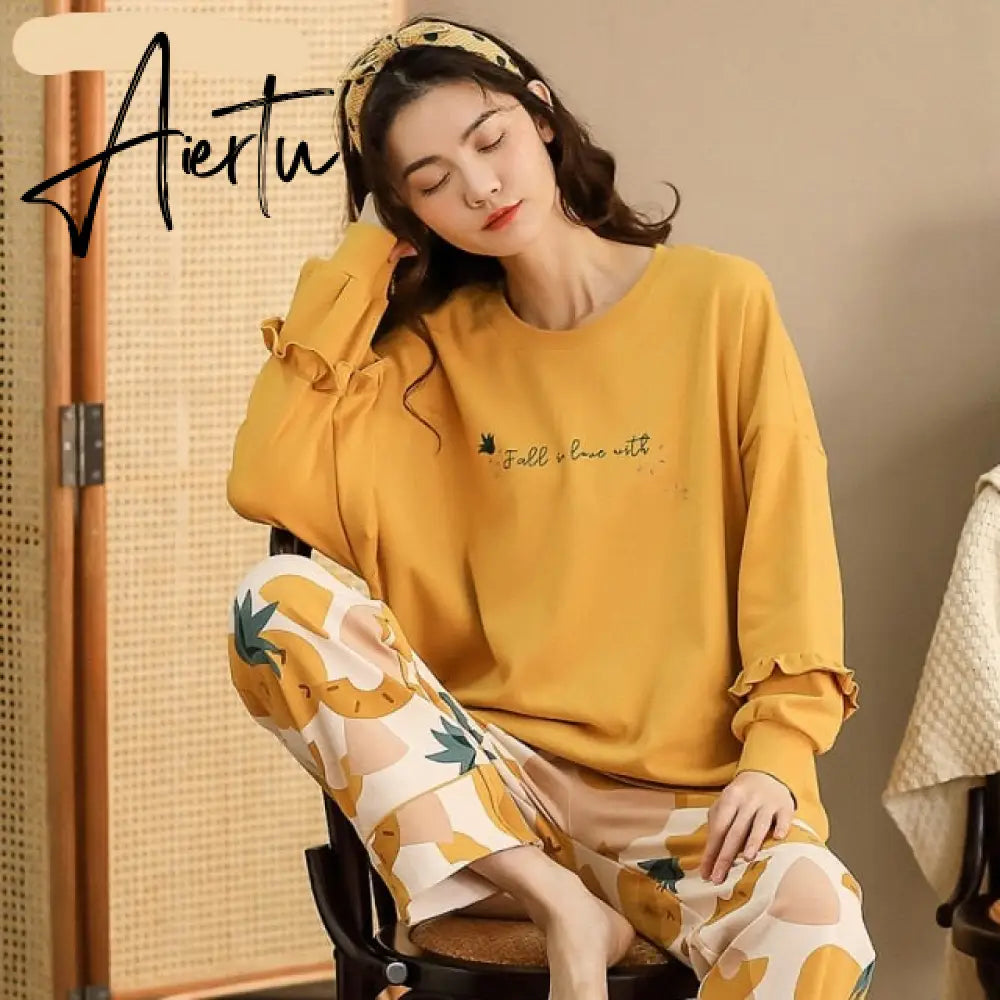 Aiertu Woman Pijama Set 100% Cotton Loose Style Pullover Leisure Homesuit Cotton Loungewear Oversized Sleepwear Avocado Printing Pajama Aiertu