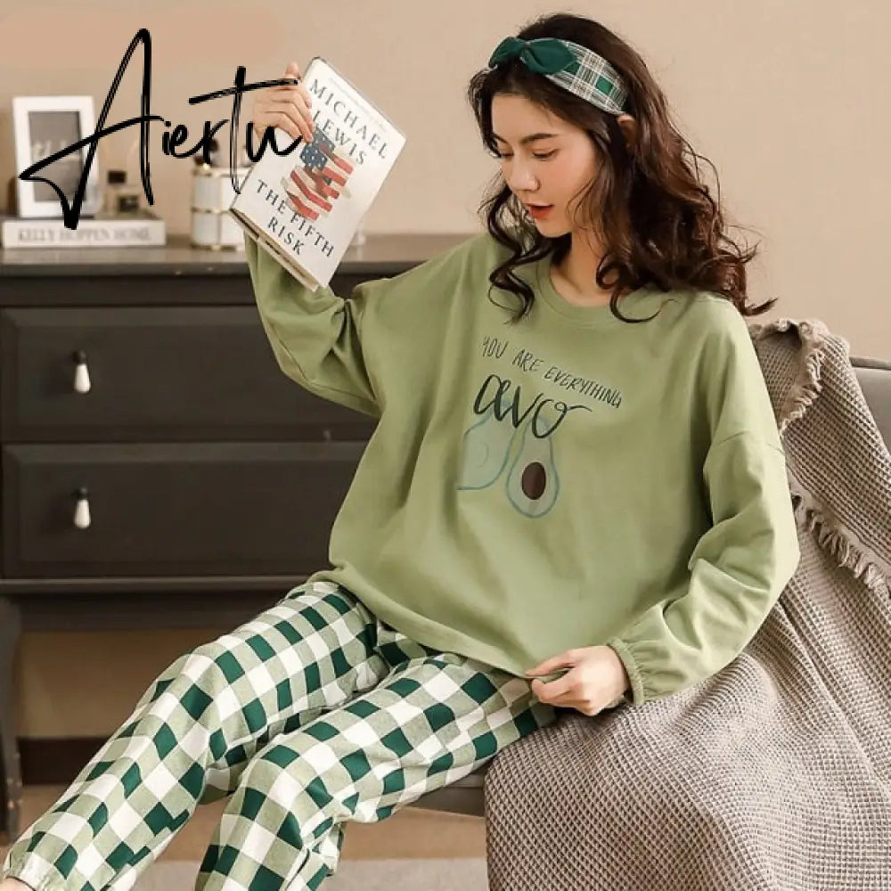 Aiertu Woman Pijama Set 100% Cotton Loose Style Pullover Leisure Homesuit Cotton Loungewear Oversized Sleepwear Avocado Printing Pajama Aiertu