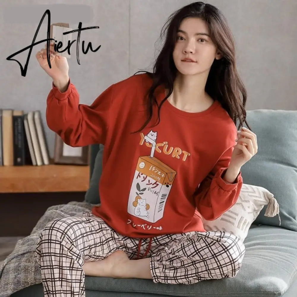 Aiertu Woman Pijama Set 100% Cotton Loose Style Pullover Leisure Homesuit Cotton Loungewear Oversized Sleepwear Avocado Printing Pajama Aiertu