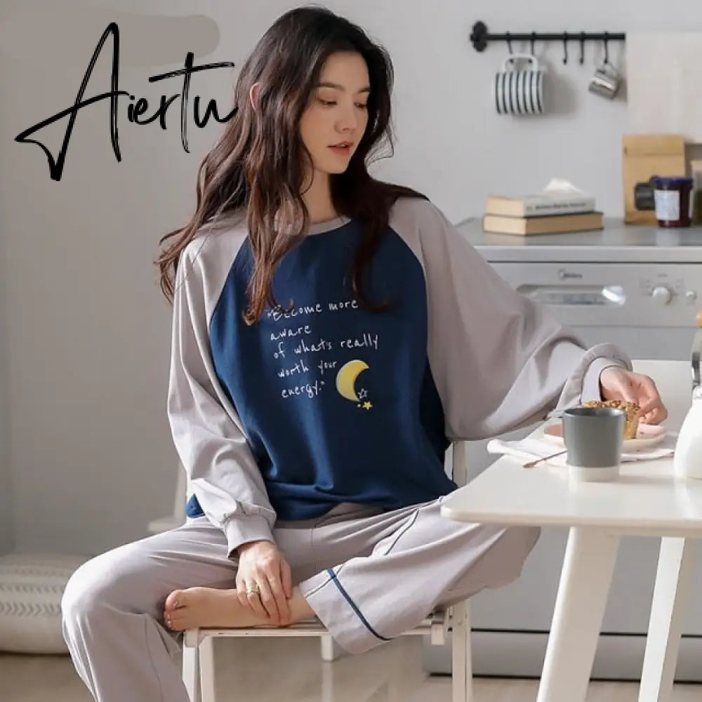 Aiertu Woman Pijama Set 100% Cotton Loose Style Pullover Leisure Homesuit Cotton Loungewear Oversized Sleepwear Avocado Printing Pajama Aiertu