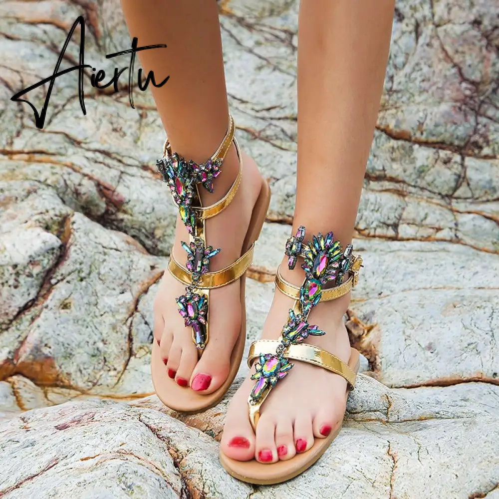 Aiertu Woman Sandals Fashion Shoes Rhinestones Chains Thong Gladiator Flat Sandals Crystal Chaussure Plus Size 42 tenis feminino Aiertu