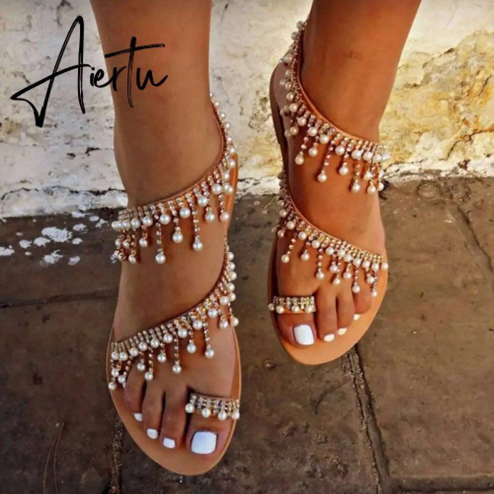 Aiertu Woman Sandals Fashion Shoes Rhinestones Chains Thong Gladiator Flat Sandals Crystal Chaussure Plus Size 42 tenis feminino Aiertu