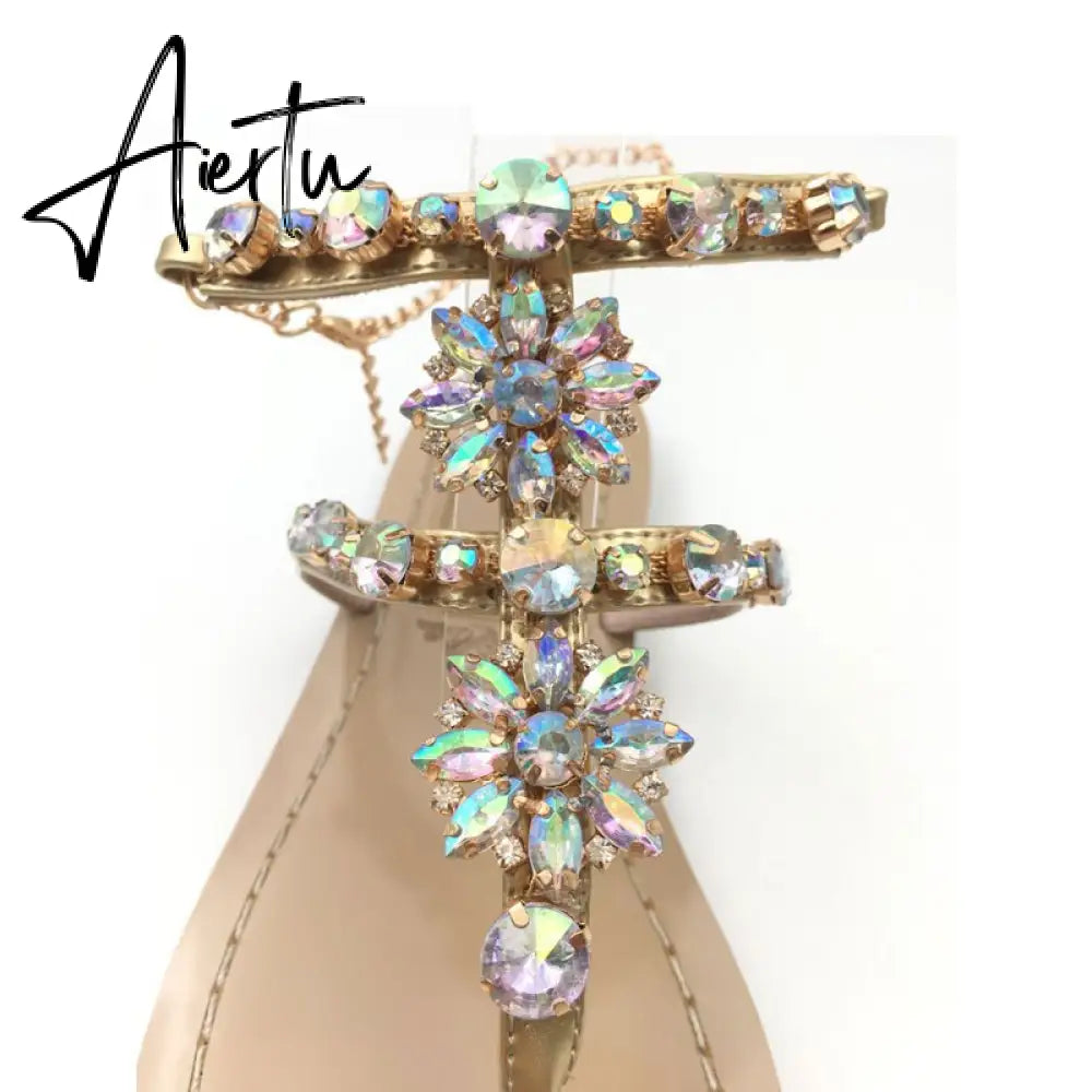 Aiertu Woman Sandals Fashion Shoes Rhinestones Chains Thong Gladiator Flat Sandals Crystal Chaussure Plus Size 42 tenis feminino Aiertu
