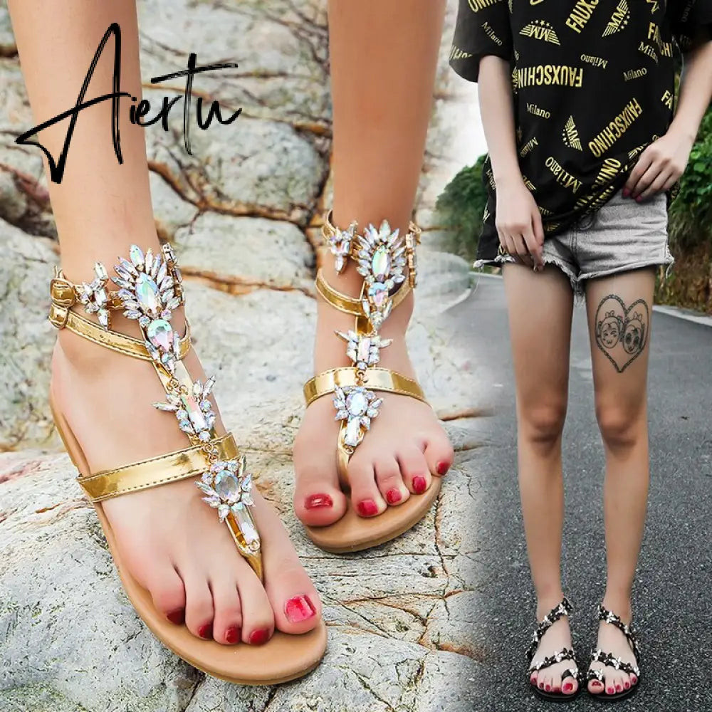 Aiertu Woman Sandals Fashion Shoes Rhinestones Chains Thong Gladiator Flat Sandals Crystal Chaussure Plus Size 42 tenis feminino Aiertu