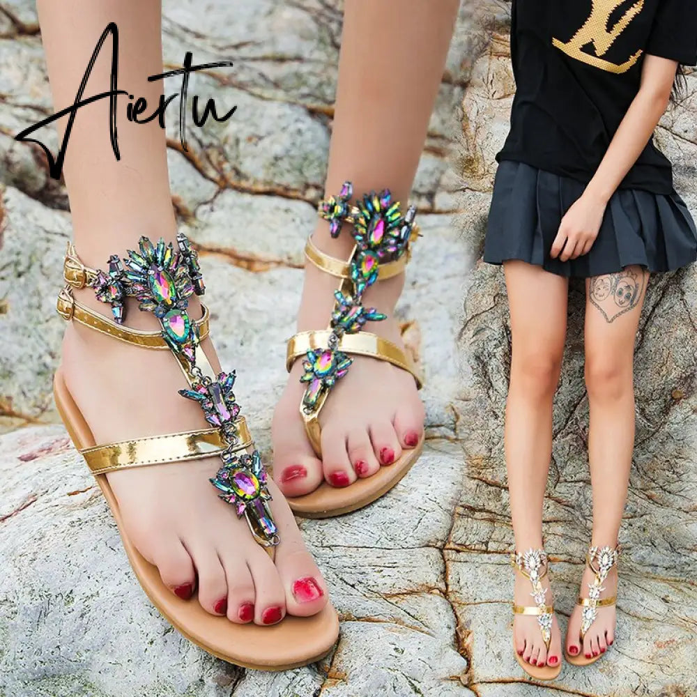 Aiertu Woman Sandals Fashion Shoes Rhinestones Chains Thong Gladiator Flat Sandals Crystal Chaussure Plus Size 42 tenis feminino Aiertu