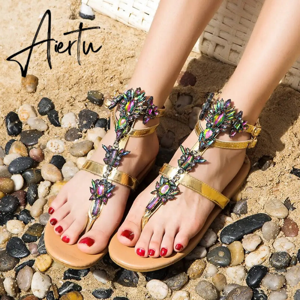 Aiertu Woman Sandals Fashion Shoes Rhinestones Chains Thong Gladiator Flat Sandals Crystal Chaussure Plus Size 42 tenis feminino Aiertu