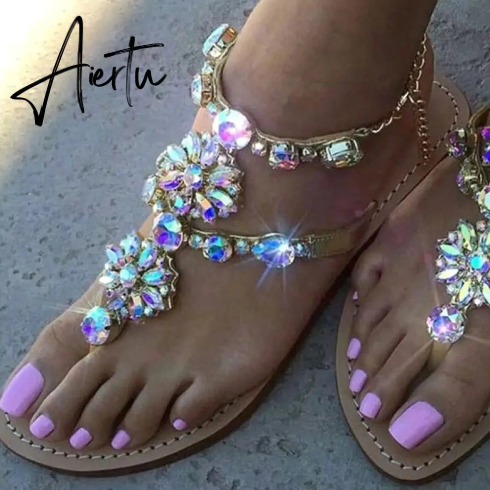 Aiertu Woman Sandals Fashion Shoes Rhinestones Chains Thong Gladiator Flat Sandals Crystal Chaussure Plus Size 42 tenis feminino Aiertu