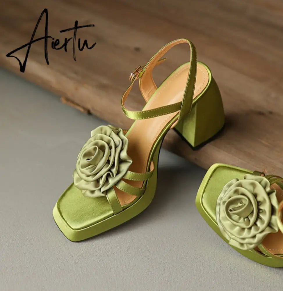 Aiertu Woman Shoes New Summer Fashion Chunky High Heels Platform Black Green Sweet Flower Dress Party Female Sandals Aiertu