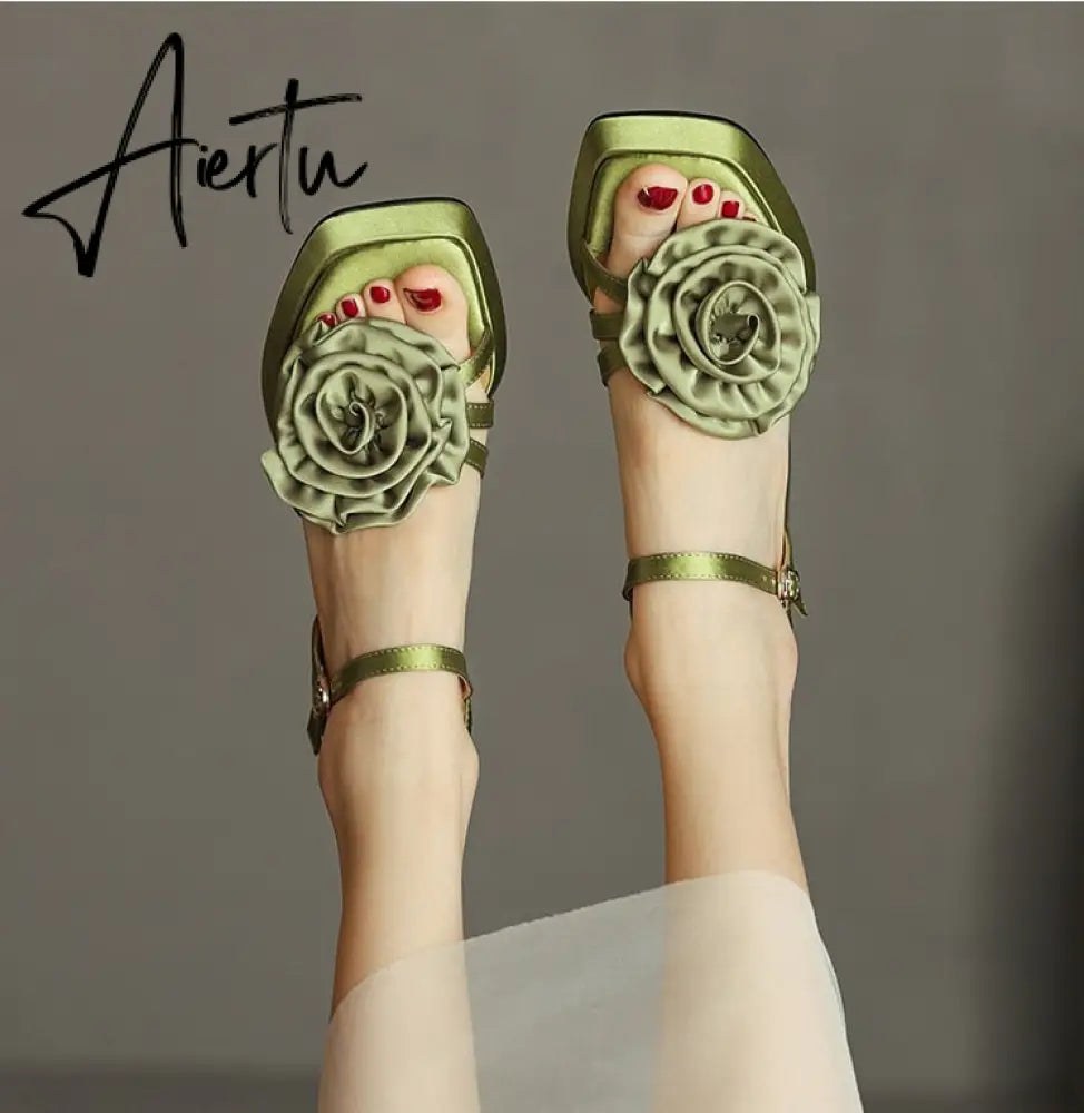 Aiertu Woman Shoes New Summer Fashion Chunky High Heels Platform Black Green Sweet Flower Dress Party Female Sandals Aiertu