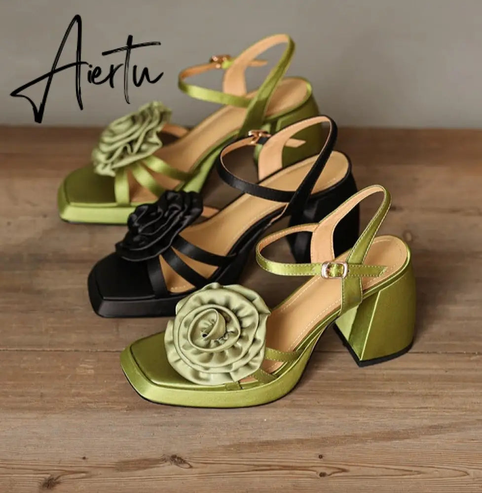 Aiertu Woman Shoes New Summer Fashion Chunky High Heels Platform Black Green Sweet Flower Dress Party Female Sandals Aiertu