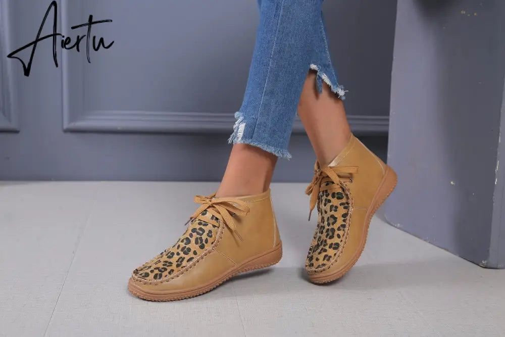 Aiertu Woman Shoes Spring New Leopard Print Snow Boots Women's Low Tube Round Head Martin Boots Warm Flat Shoes Aiertu