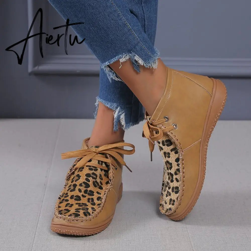 Aiertu Woman Shoes Spring New Leopard Print Snow Boots Women's Low Tube Round Head Martin Boots Warm Flat Shoes Aiertu