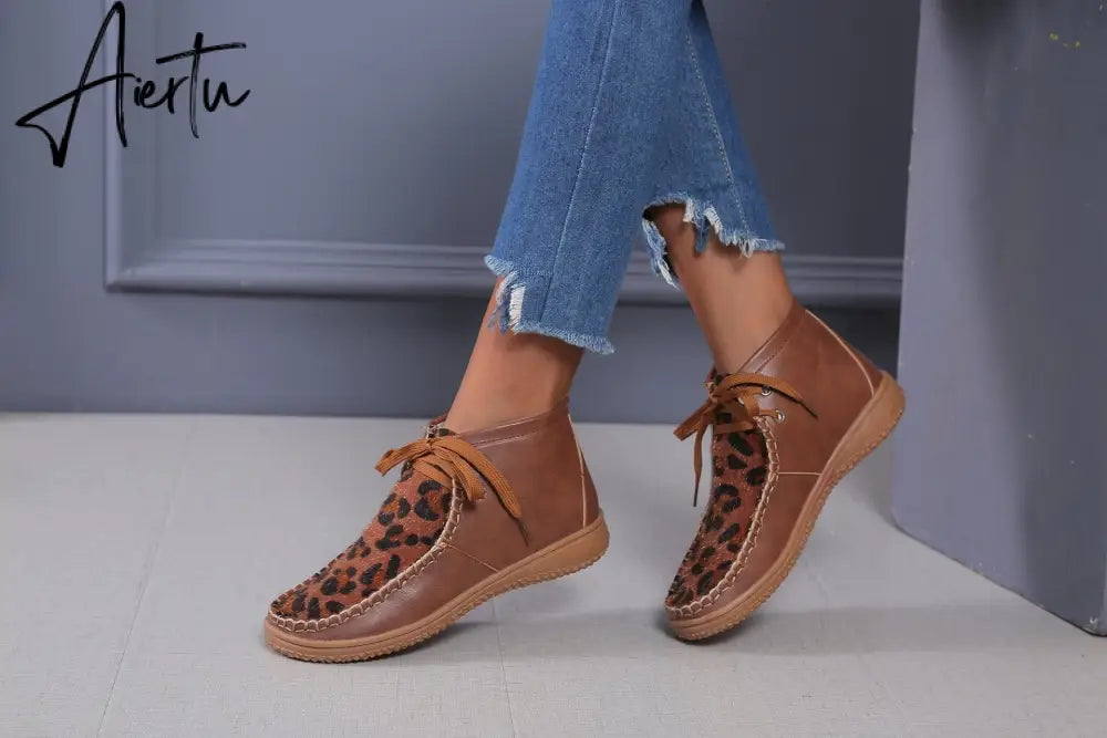 Aiertu Woman Shoes Spring New Leopard Print Snow Boots Women's Low Tube Round Head Martin Boots Warm Flat Shoes Aiertu