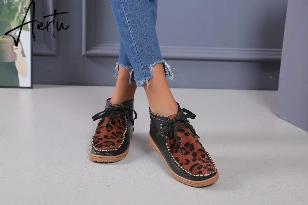 Aiertu Woman Shoes Spring New Leopard Print Snow Boots Women's Low Tube Round Head Martin Boots Warm Flat Shoes Aiertu