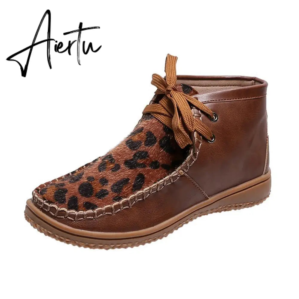 Aiertu Woman Shoes Spring New Leopard Print Snow Boots Women's Low Tube Round Head Martin Boots Warm Flat Shoes Aiertu