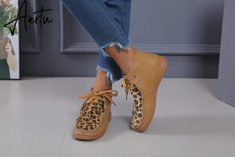 Aiertu Woman Shoes Spring New Leopard Print Snow Boots Women's Low Tube Round Head Martin Boots Warm Flat Shoes Aiertu