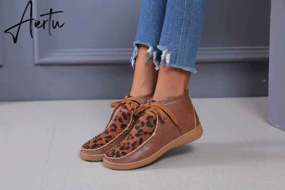 Aiertu Woman Shoes Spring New Leopard Print Snow Boots Women's Low Tube Round Head Martin Boots Warm Flat Shoes Aiertu