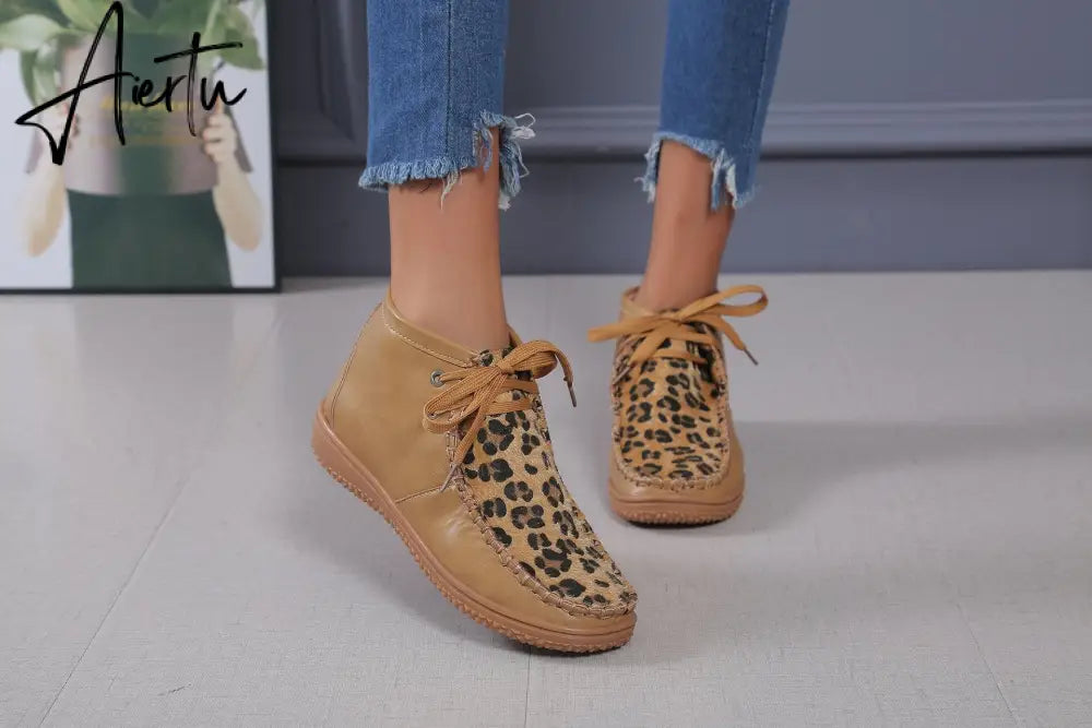 Aiertu Woman Shoes Spring New Leopard Print Snow Boots Women's Low Tube Round Head Martin Boots Warm Flat Shoes Aiertu