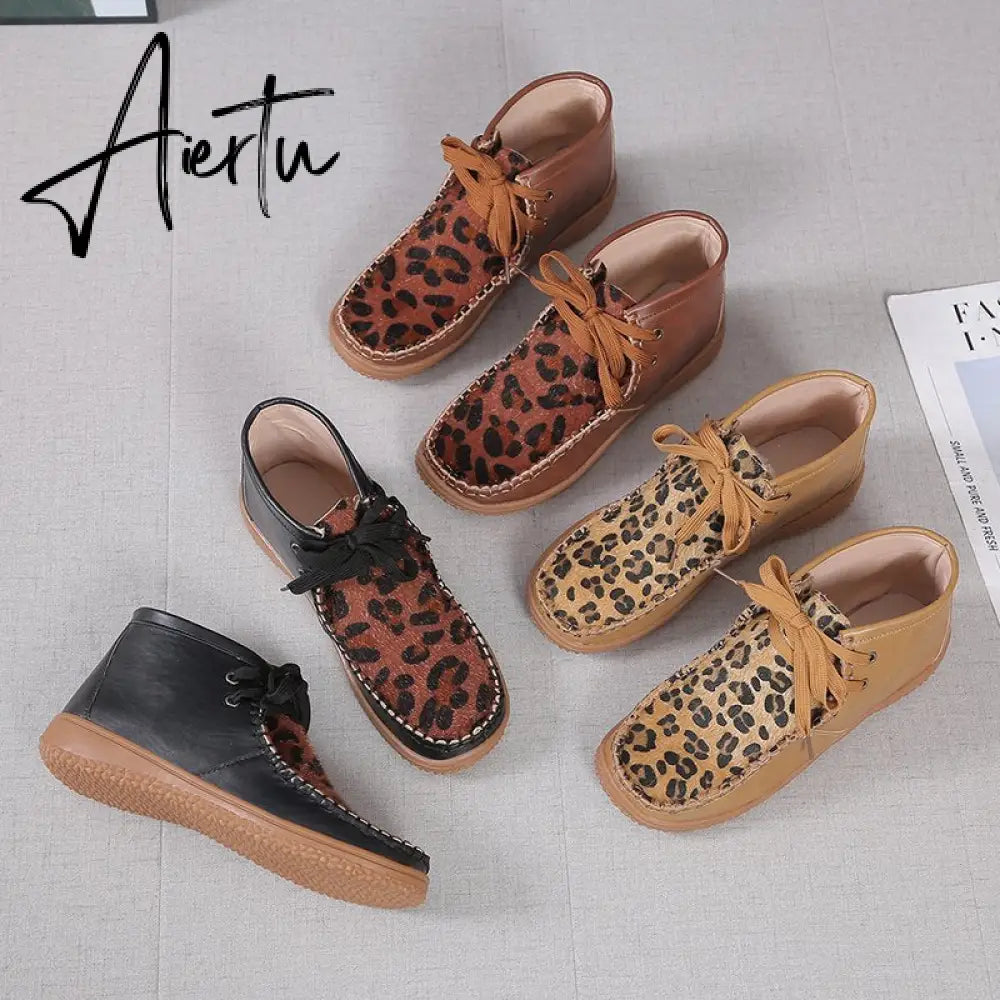 Aiertu Woman Shoes Spring New Leopard Print Snow Boots Women's Low Tube Round Head Martin Boots Warm Flat Shoes Aiertu