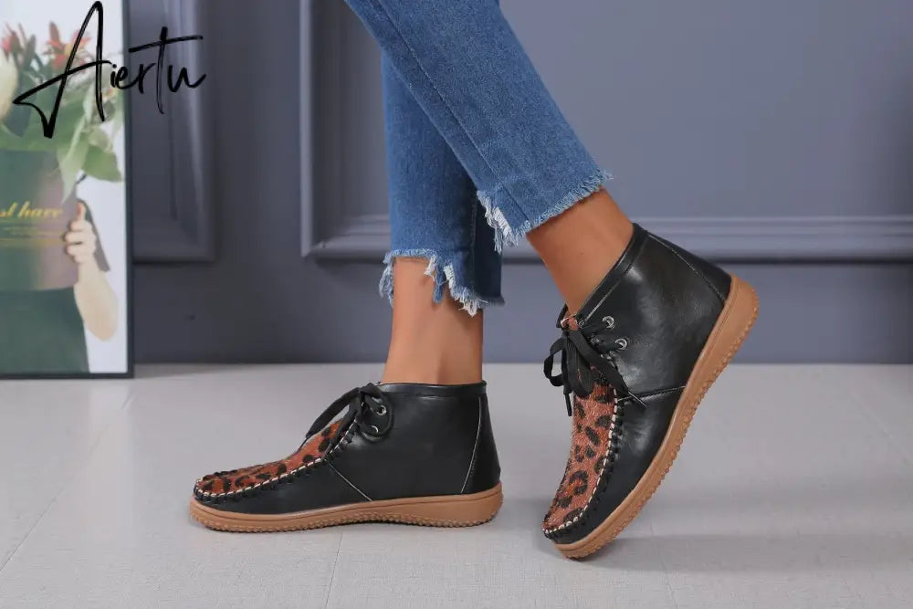 Aiertu Woman Shoes Spring New Leopard Print Snow Boots Women's Low Tube Round Head Martin Boots Warm Flat Shoes Aiertu