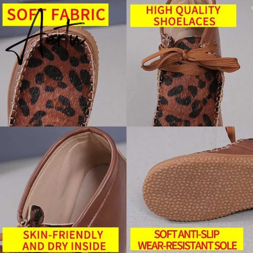 Aiertu Woman Shoes Spring New Leopard Print Snow Boots Women's Low Tube Round Head Martin Boots Warm Flat Shoes Aiertu