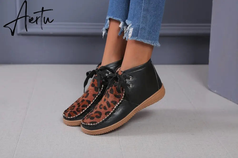 Aiertu Woman Shoes Spring New Leopard Print Snow Boots Women's Low Tube Round Head Martin Boots Warm Flat Shoes Aiertu