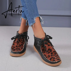 Aiertu Woman Shoes Spring New Leopard Print Snow Boots Women's Low Tube Round Head Martin Boots Warm Flat Shoes Aiertu