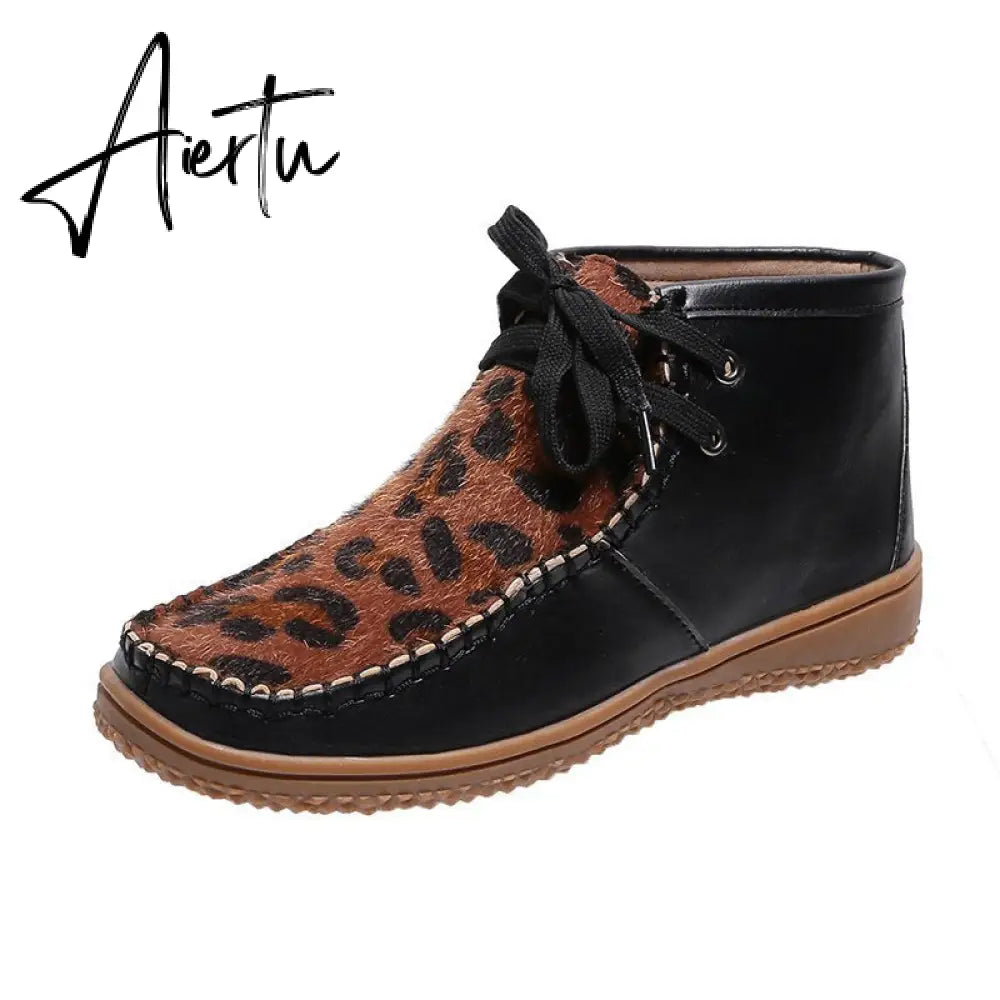 Aiertu Woman Shoes Spring New Leopard Print Snow Boots Women's Low Tube Round Head Martin Boots Warm Flat Shoes Aiertu