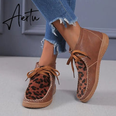 Aiertu Woman Shoes Spring New Leopard Print Snow Boots Women's Low Tube Round Head Martin Boots Warm Flat Shoes Aiertu
